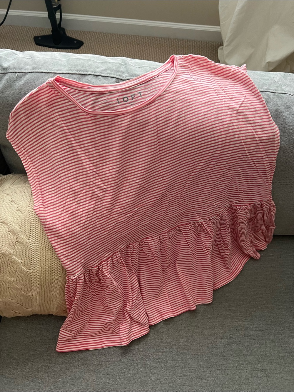 LOFT Pink & White Striped Ruffle-Hem Tee